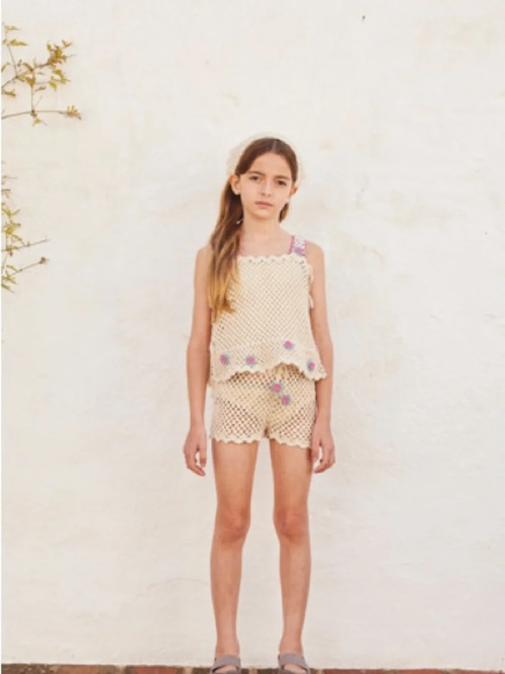 Handmade Crochet Tank Top & Shorts Set - Cream with Pink & Teal Flower Accents
